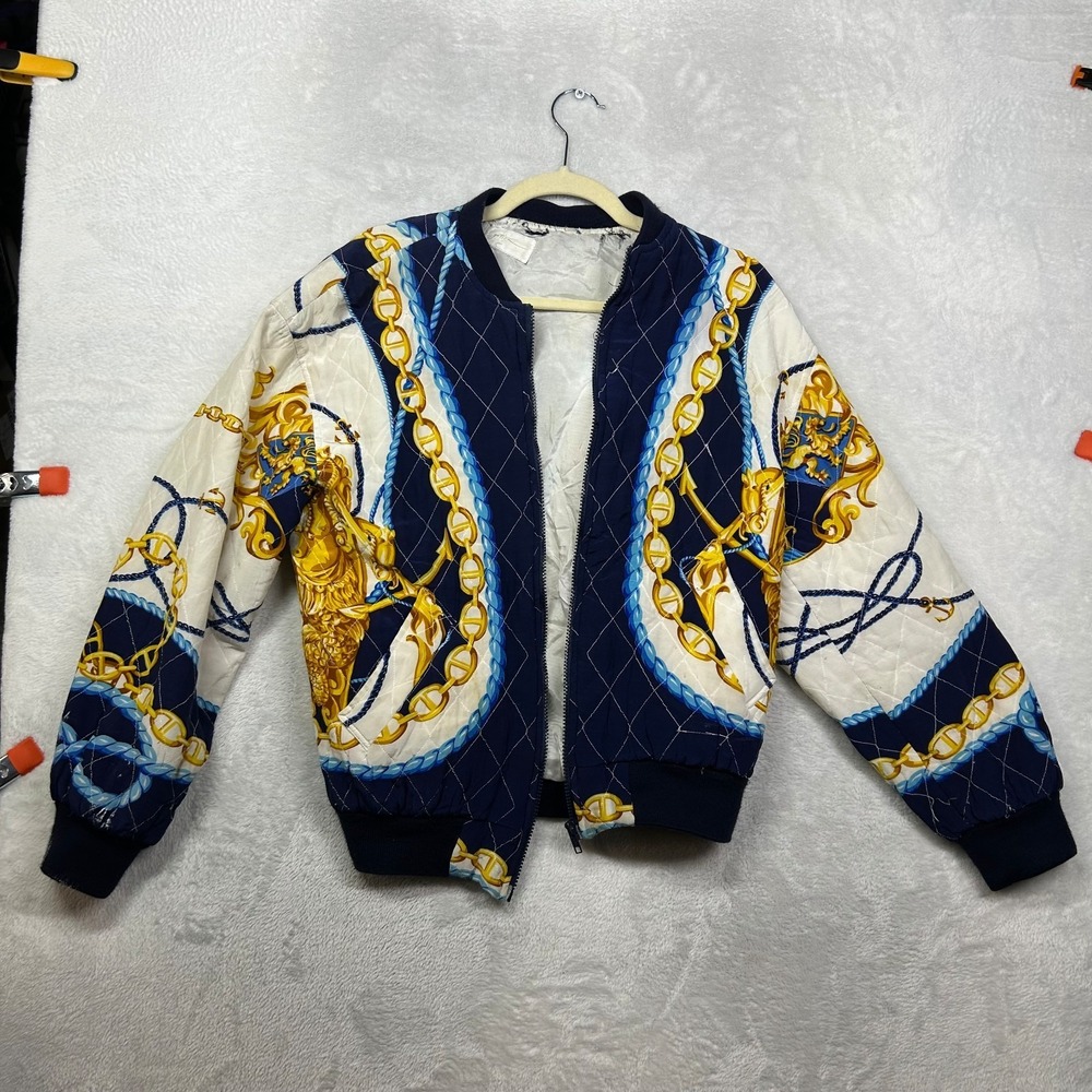 Vintage 80s Quilted Bomber Jacket Men's Navy Gold Printed‎ Full Zip Winter Y2K
